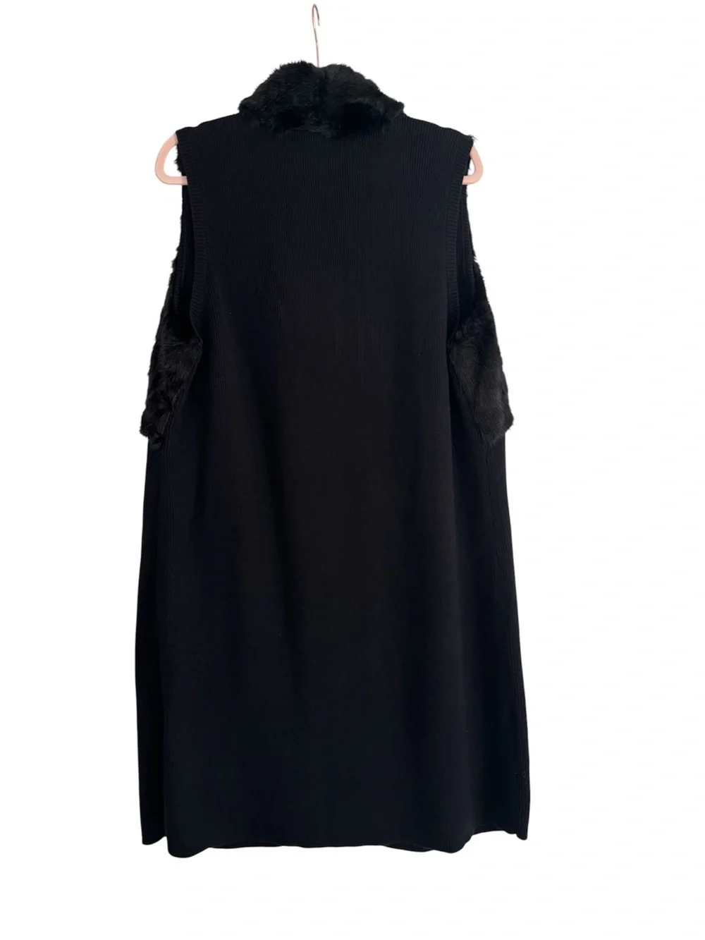 Chico’s Anastasia Black Faux Fur Trim Maxi Skirted Vest Sz 2